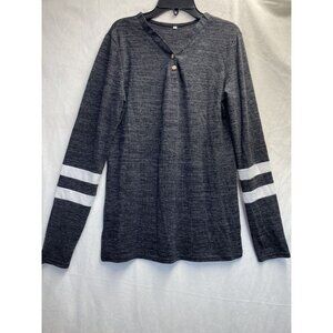 V-Neck Two Button Long Sleeve T-Shirt Women Small Dark Gray Side Slit Stretch